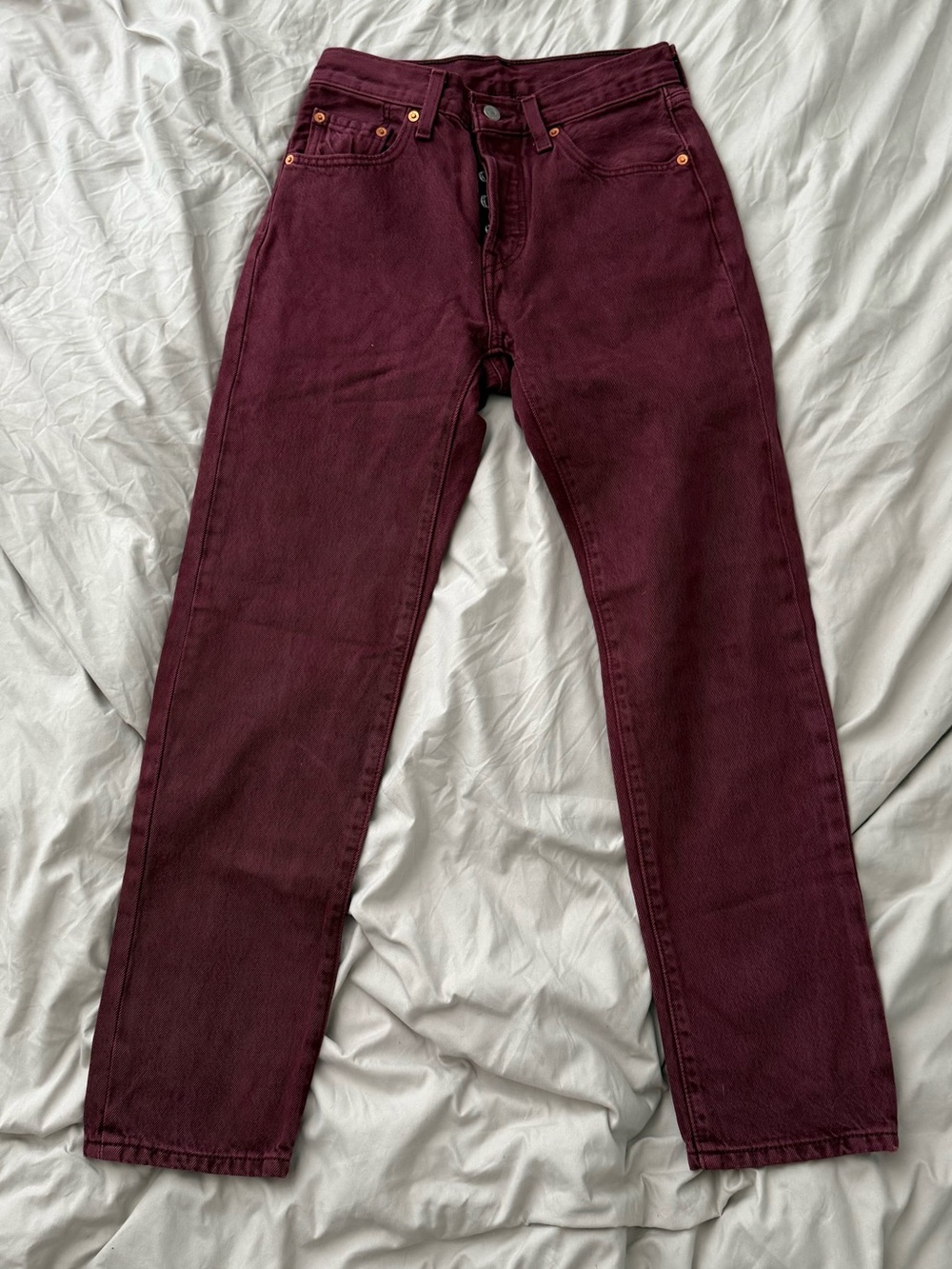 Levi's Premium 501 Jeans, deep burgundy wine wash, tag size 25x28